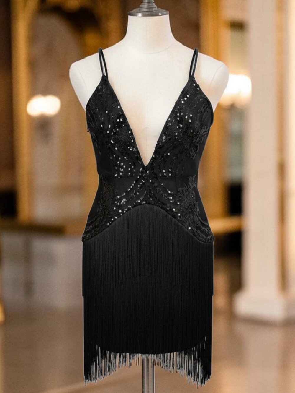 Black Sequin Fringe V-Neck Women's Dress